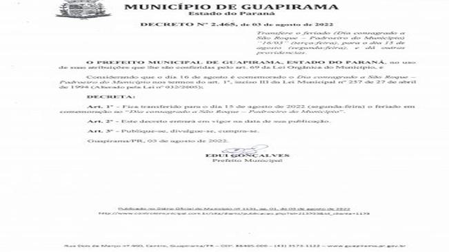 TRANSFERE DATA DO FERIADO MUNICIPAL
